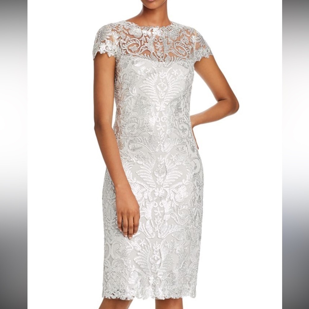 Tadashi Shoji | Silver Cap Sleeve Dress Formal Bridal Elegant Romantic Sheath